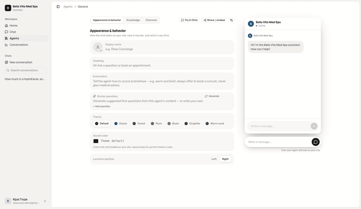 The agent configuration studio with appearance and behavior settings next to a live widget preview