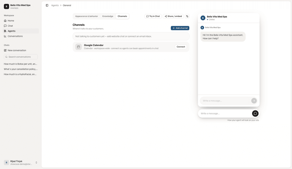 The channels tab with website chat and email inbox options and a Google Calendar connection for booking