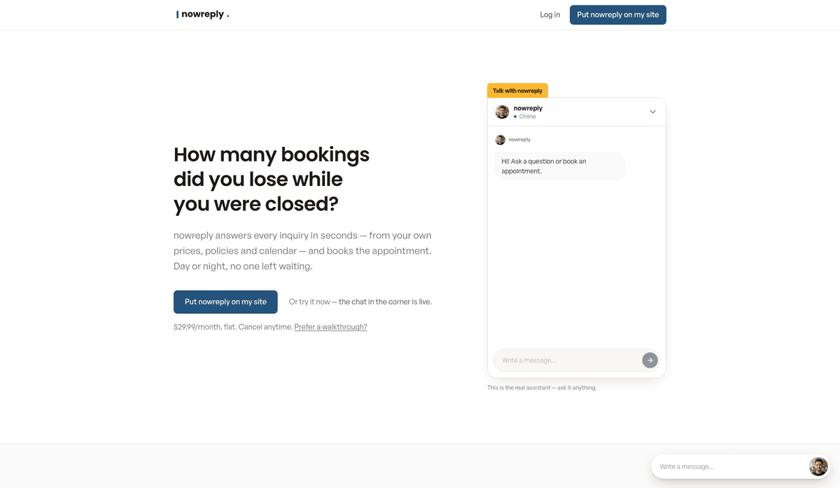 The nowreply landing page with the live assistant embedded and answering in a chat panel