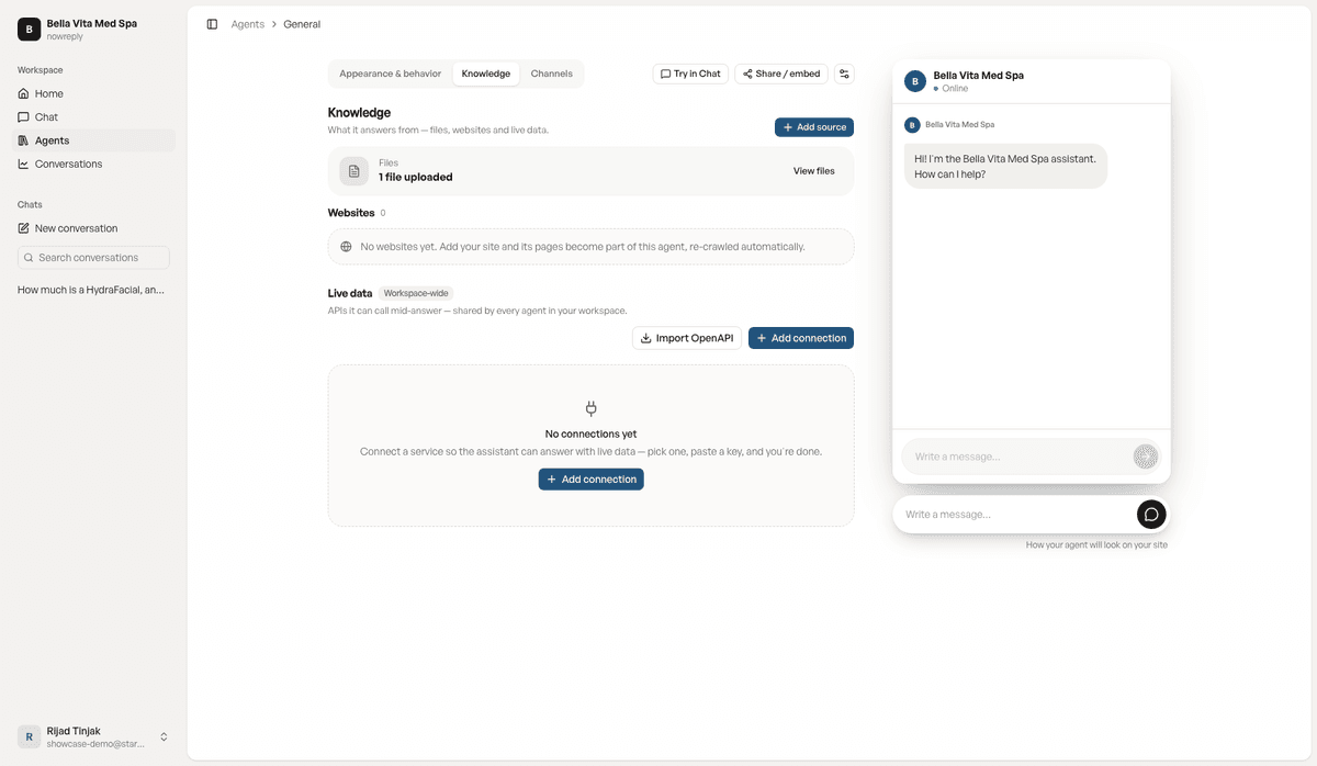 The knowledge tab showing uploaded files, website sources, and live-data API connections
