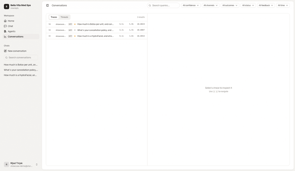 The conversations page listing query traces with duration, token count, and per-query dollar cost, with confidence and outcome filters