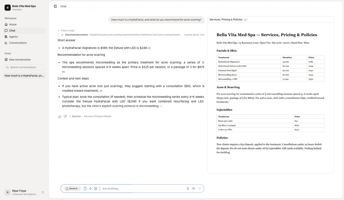 The nowreply workspace answering a pricing question with a retrieval trace and the source document rendered beside the cited answer