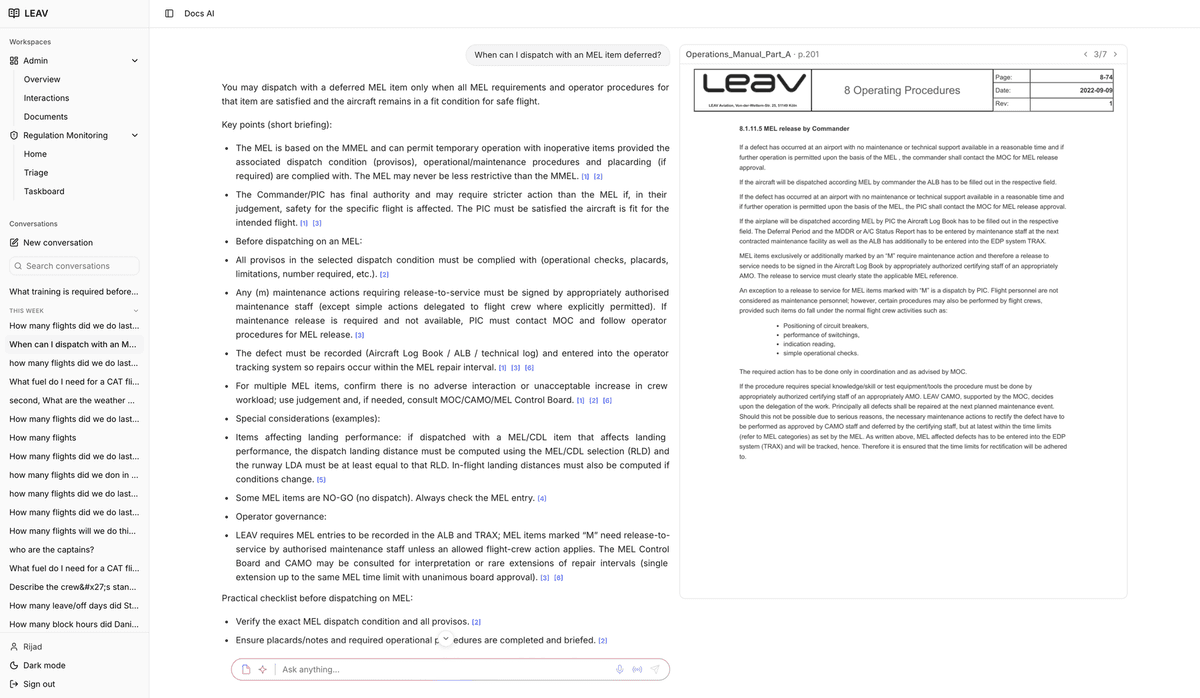 DocsAI chat interface showing a cited answer next to the source manual in a PDF viewer