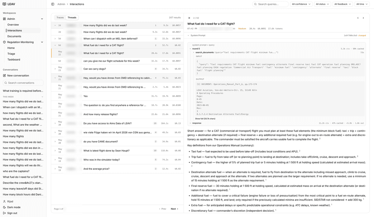 Admin console showing per-query traces with confidence, latency, token count and cost