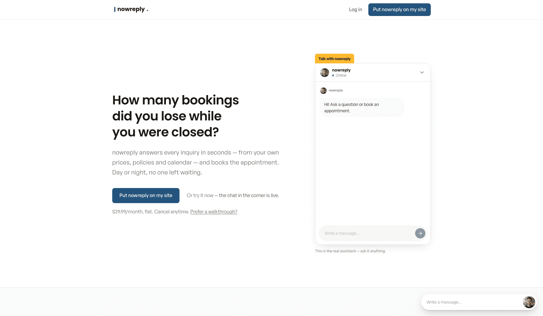 The nowreply landing page with the live assistant embedded and answering in a chat panel