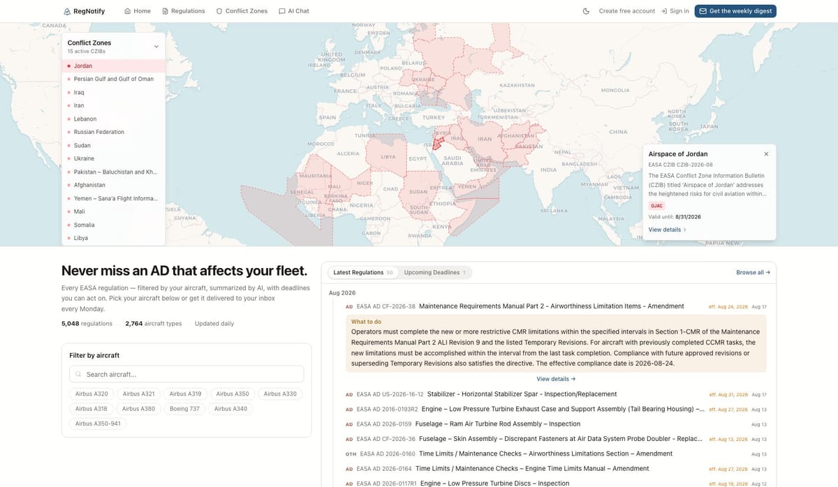 RegNotify home page: conflict zone map with fifteen active bulletins above a latest-regulations feed and an aircraft filter