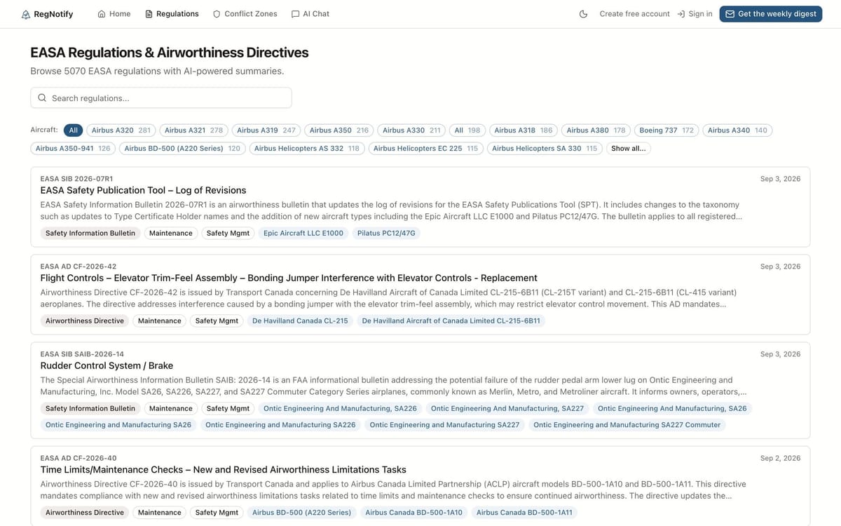 Browse page listing EASA regulations with aircraft-type filter chips and AI summaries