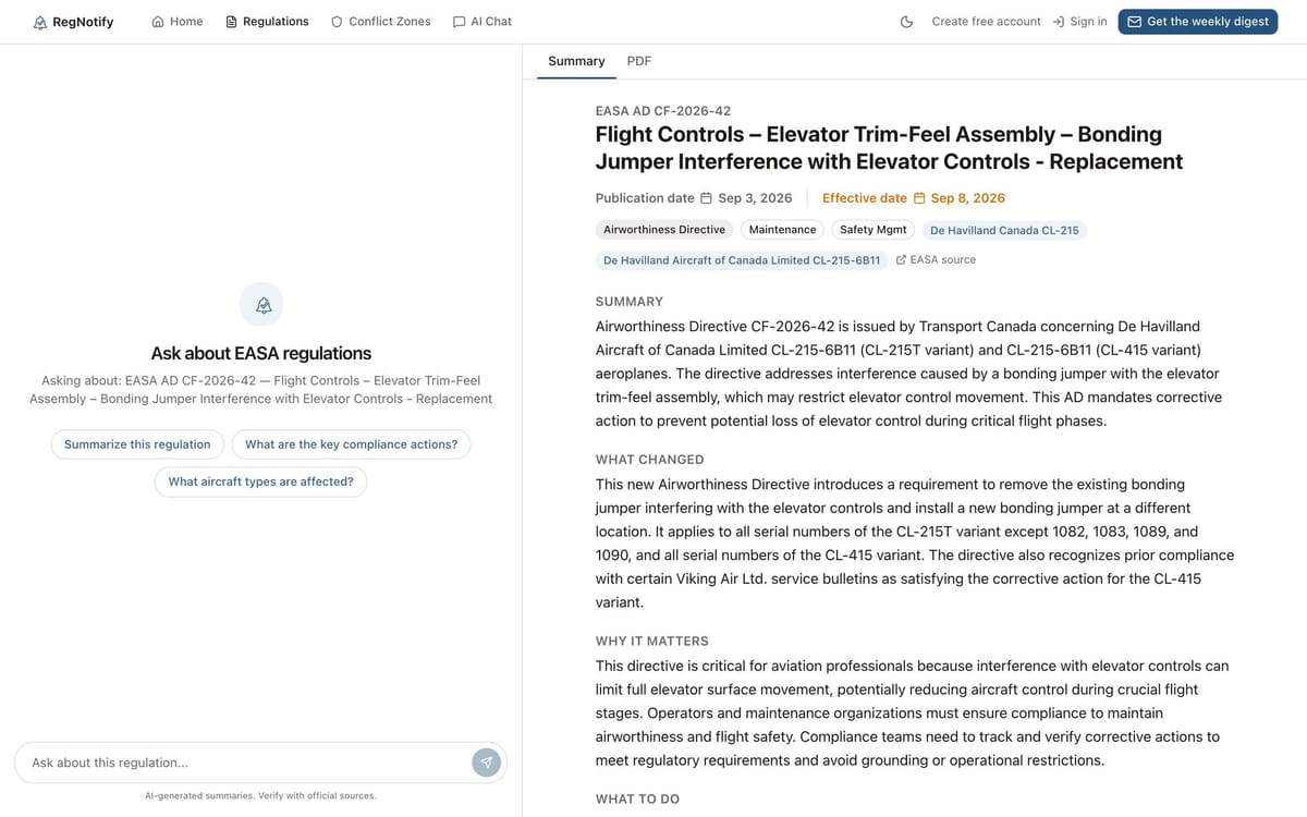 Detail page for an Airworthiness Directive: scoped chat on the left, structured summary on the right