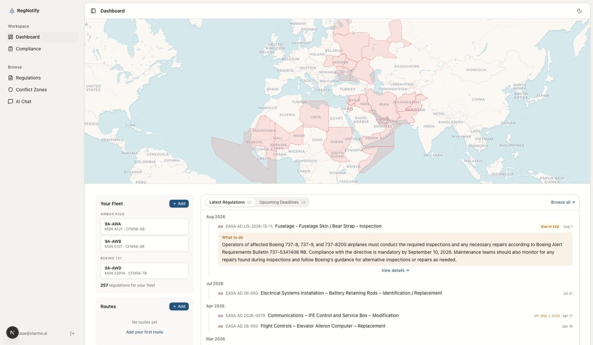 The workspace dashboard: conflict-zone map, a fleet of three registered aircraft, and the fleet-relevant regulation timeline with deadline countdowns