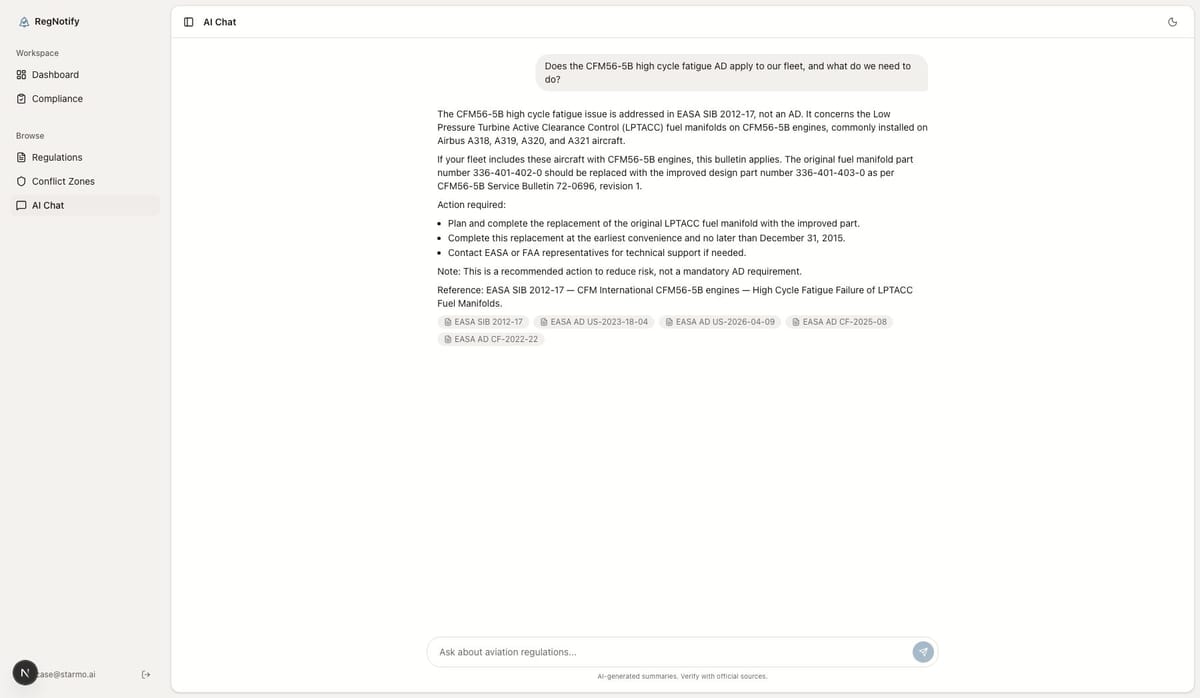 The fleet-aware assistant answering whether a CFM56-5B directive applies, correcting that it is a bulletin rather than an AD, with source chips