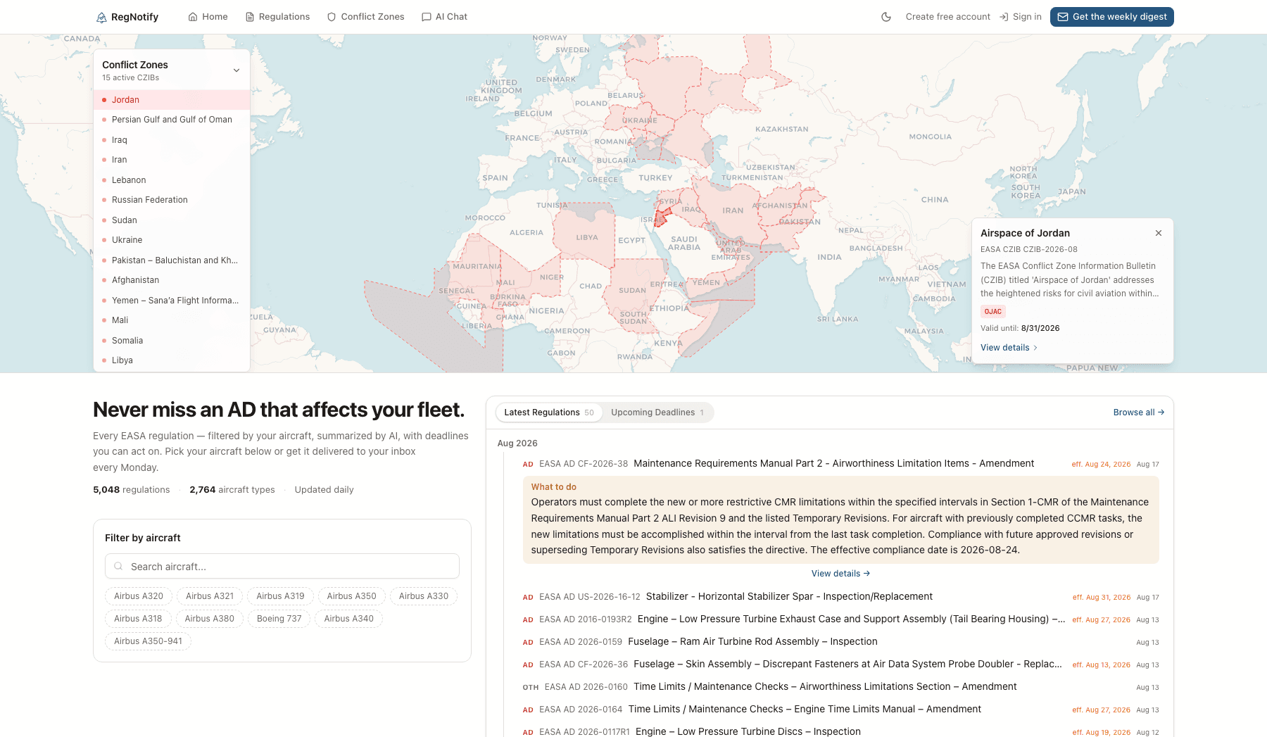 The live RegNotify landing page: a conflict-zone map with 15 active CZIBs and the latest EASA regulations with AI what-to-do summaries