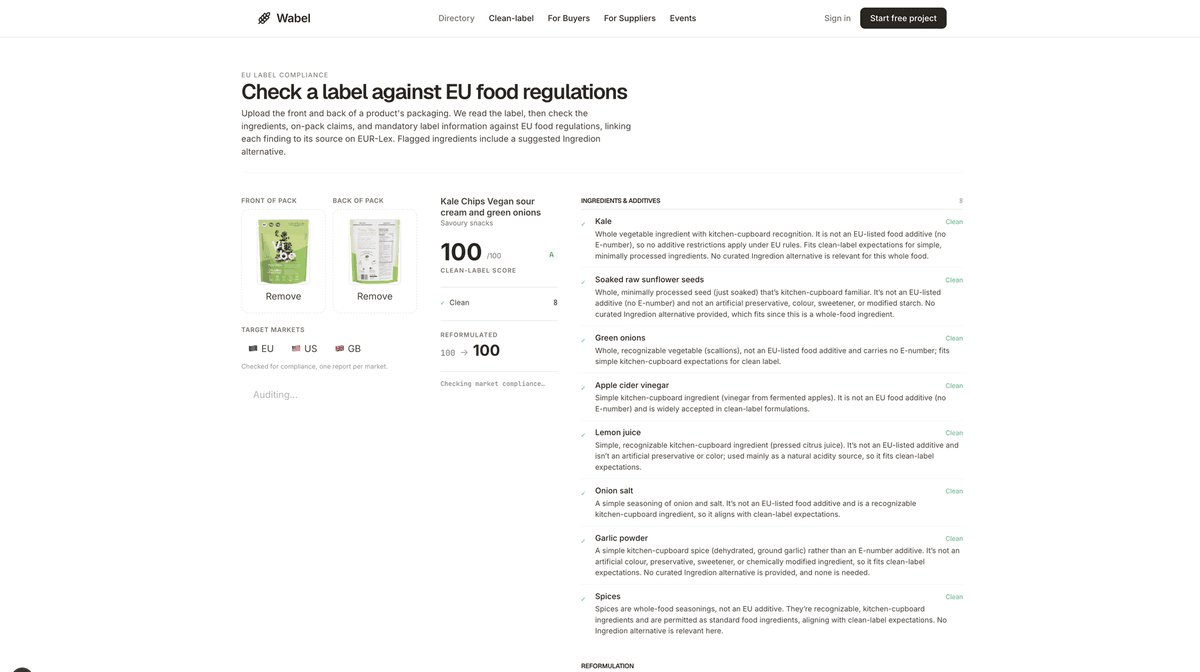 Clean-label analyzer scoring a product's ingredient list against EU additive data